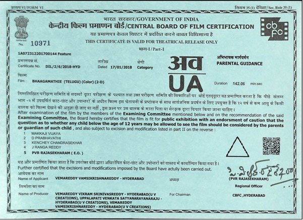 Bhaagmathei Censor Certificate